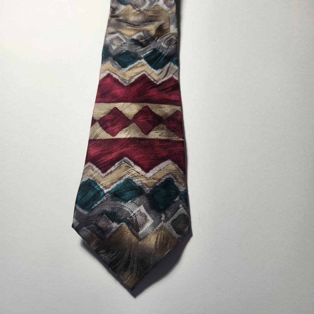 JT Beckett Mens Silk Tie Burgundy Teal Gold Geometric Southwest Abstract Vintage